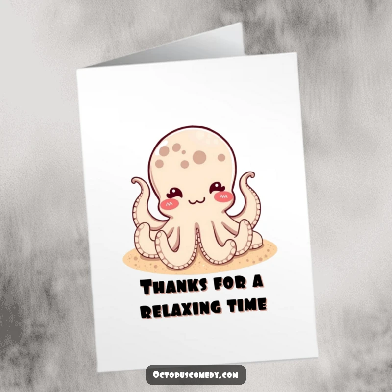 Funny Free Printable Thank You Card: Octopus with a satisfied pulse resting serenely on a sandy seabed.