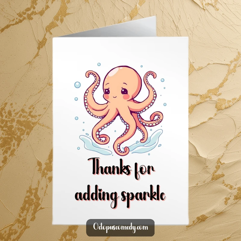 Funny Free Printable Thank You Card: A happy octopus performs a joyous dance, tentacles swirling amidst effervescent bubbles.