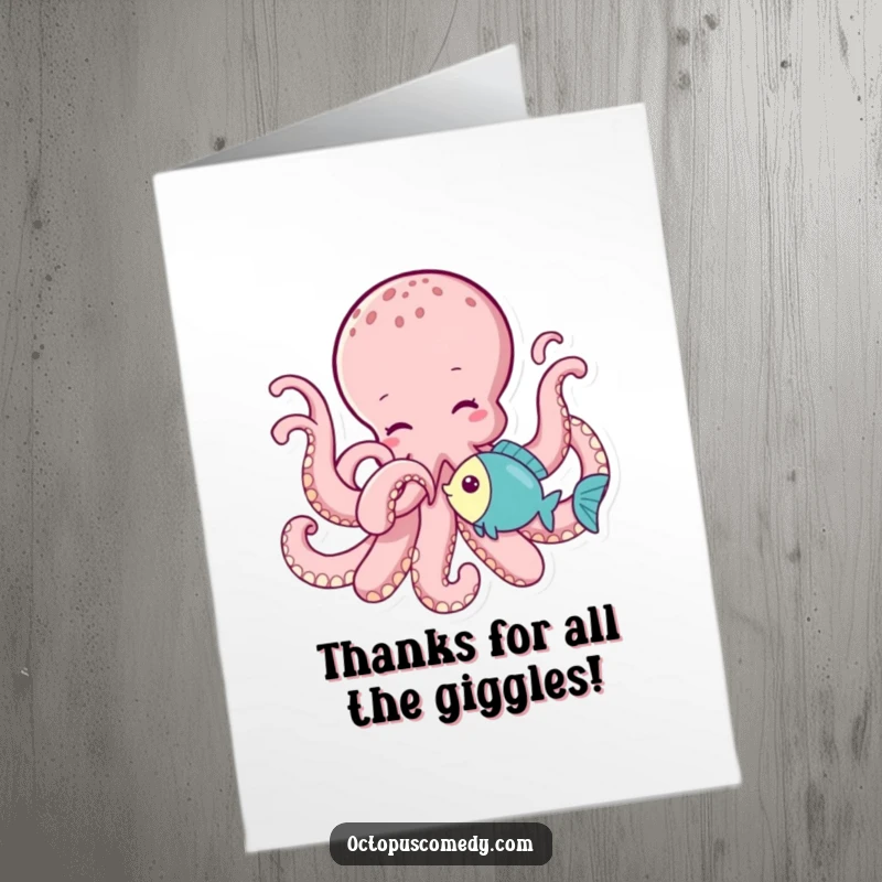Funny Free Printable Thank You Card: An octopus gently tickles a fish, conveying warm thanks.