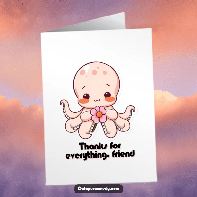Funny Free Printable Thank You Card: A bashful octopus offers a flower, blushing sweetly to convey deep appreciation.