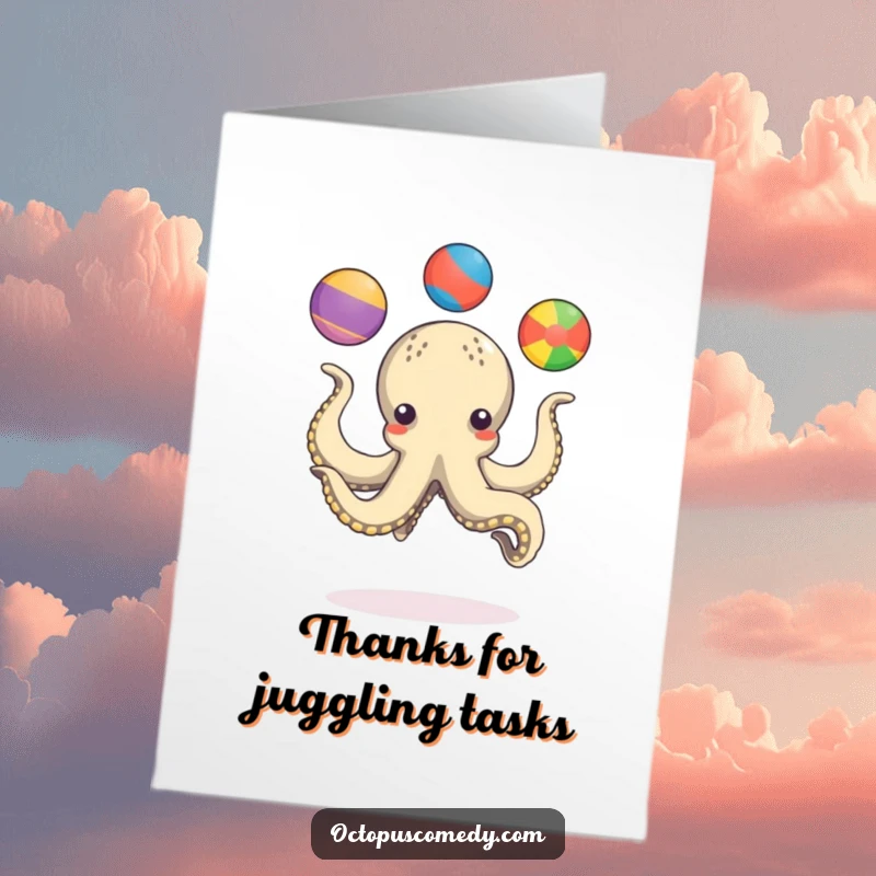 Funny Free Printable Thank You Card: An octopus playfully juggles three colorful balls, a talented and humorous downloadable greeting.