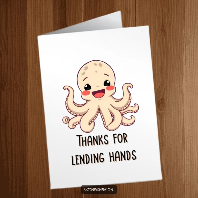 Funny free printable thank you card, a smiling octopus extending all tentacles in a joyful gesture of gratitude.