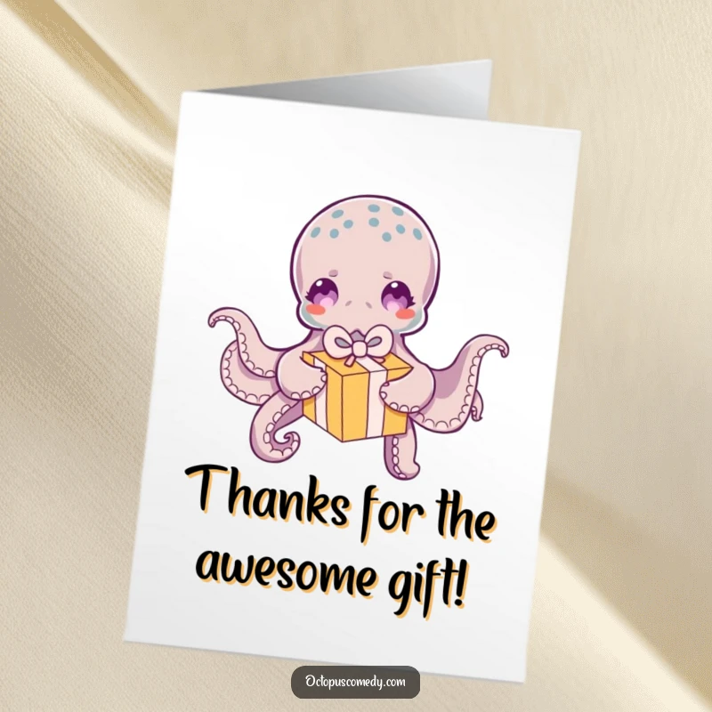 Funny Free Printable Thank You Card: An octopus with eager tentacles unwrapping a festive gift box, a joyful thank you gesture.