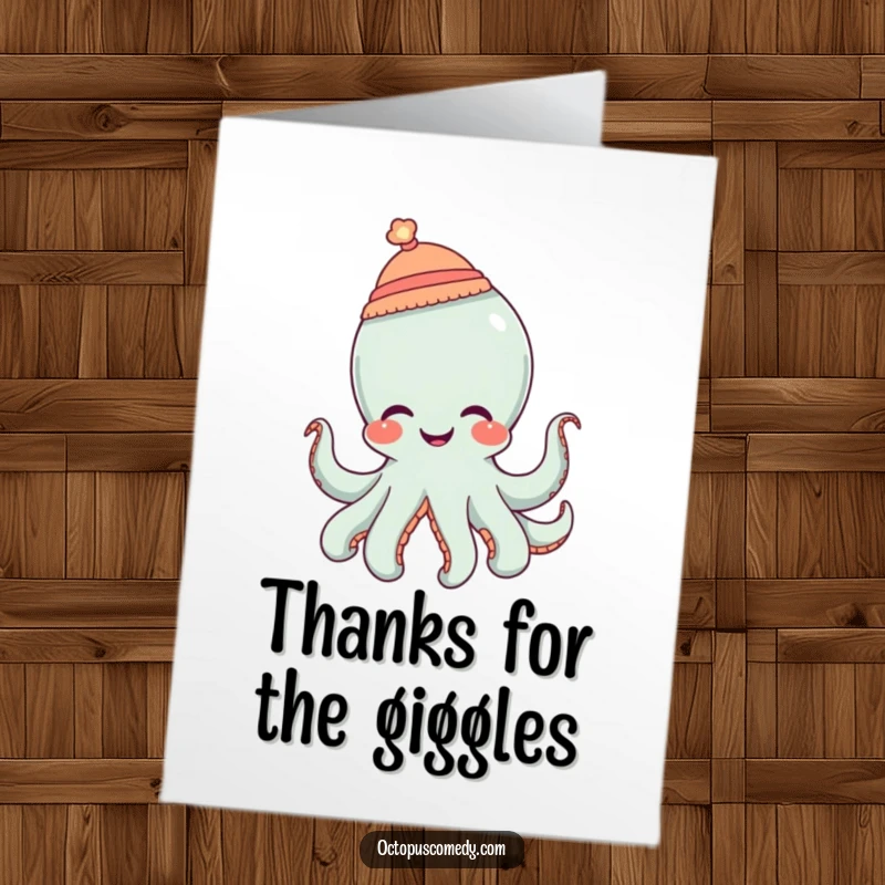 Funny Free Printable Thank You Card: An octopus wearing a tiny hat giggles with delight, a cute and humorous downloadable greeting.