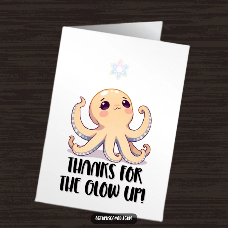 Funny Free Printable Thank You Card: An octopus looks up in pure wonder at a magical bioluminescent underwater flower.