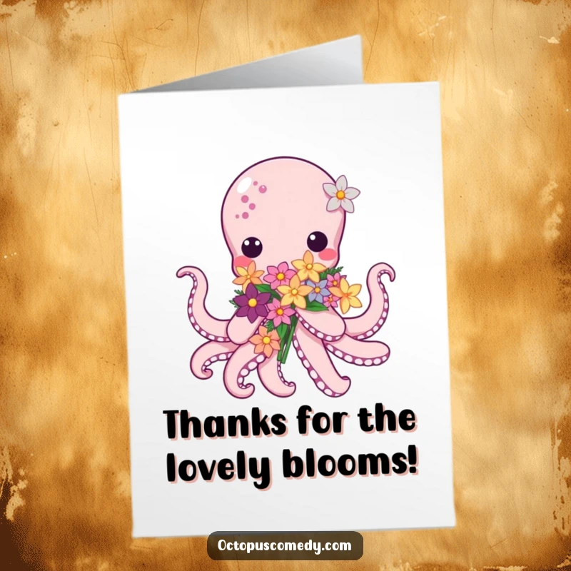Funny Free Printable Thank You Card: A super cute kawaii octopus holding a bouquet of sea flowers. A sweet downloadable.