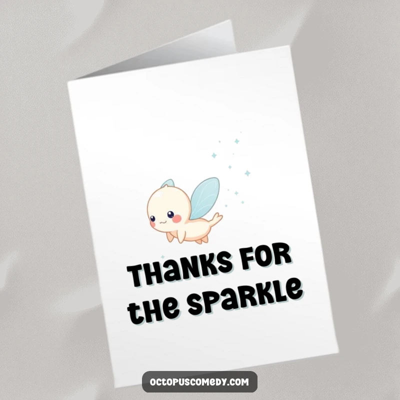 Funny Free Printable Thank You Card: a small, ethereal creature trails sparkling water droplets, expressing thanks magically.