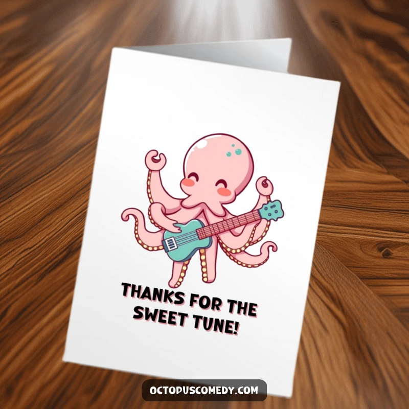 Funny Free Printable Thank You Card: Happy Octopus with Eight Arms Delightfully Playing a Musical Instrument.