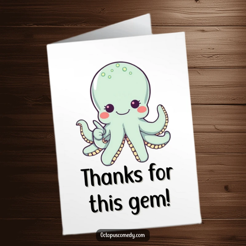 Funny Free Printable Thank You Card: Smiling Octopus with wide eyes joyfully points to a beautiful pearl, representing sincere thanks.