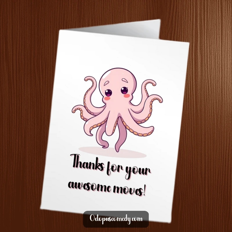 Funny Free Printable Thank You Card: A happy octopus dancing with all tentacles up. A humorous and grateful downloadable.