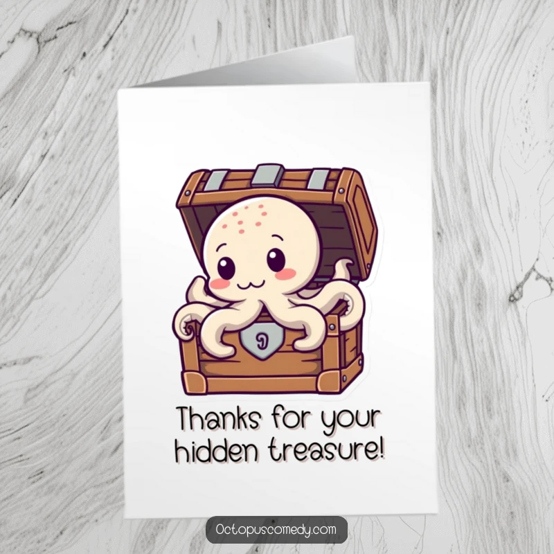 Funny Free Printable Thank You Card: An octopus playfully peeking from a treasure chest, conveying thanks. A downloadable.