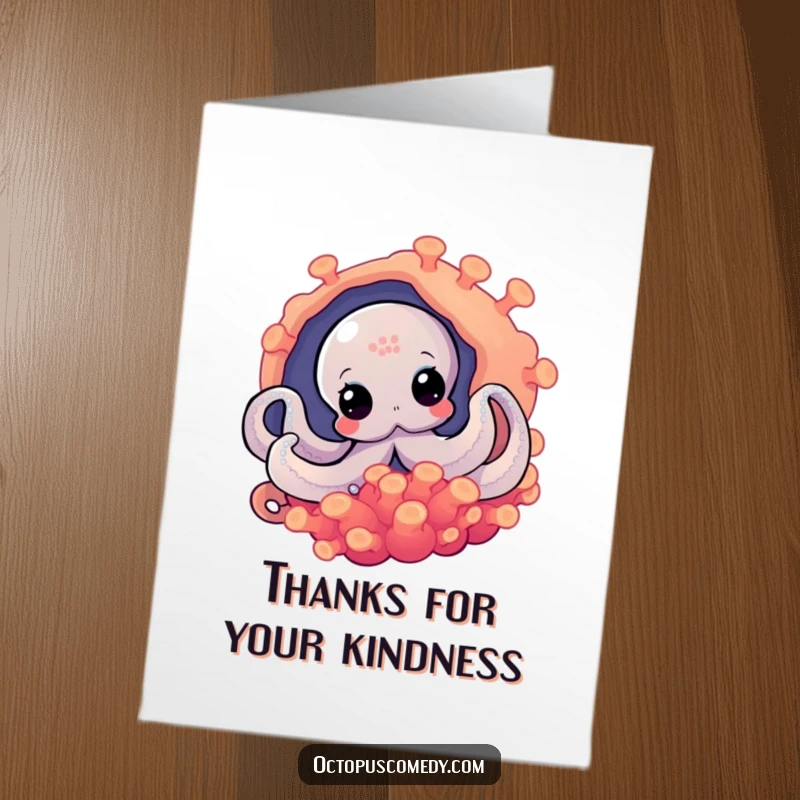 Funny Free Printable Thank You Card: A charming octopus peeks shyly from behind a large, colorful anemone, offering thanks.