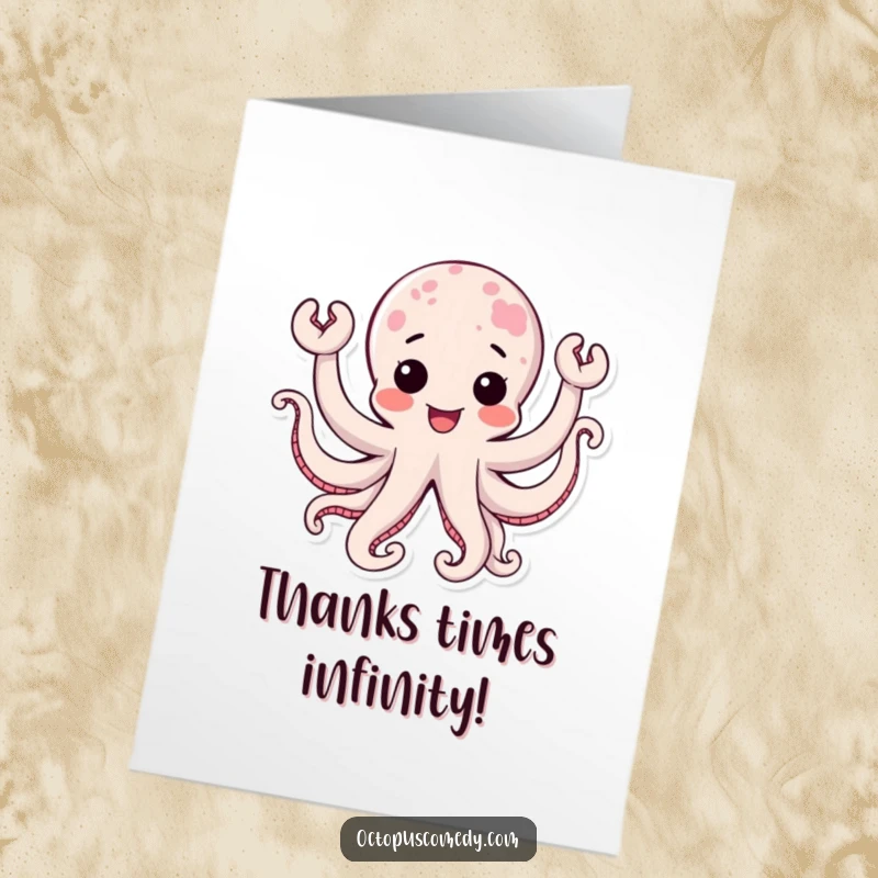 Funny free printable thank you card: A kawaii octopus with multiple tentacles waving enthusiastically expresses heartfelt thanks.