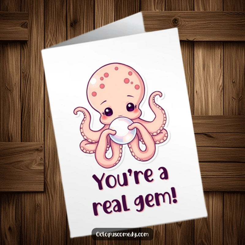 Free Printable Thank You Card where an octopus tenderly holds a shimmering pearl, representing a precious thank you.