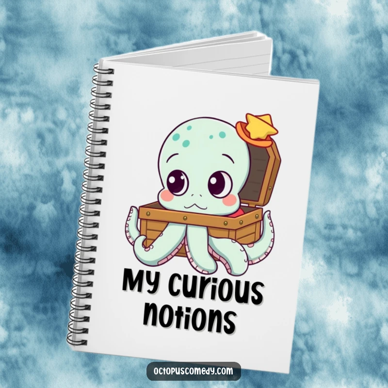 Funny notebook cover with an octopus with big, curious eyes looking at a treasure chest, ideal for adventure notes.
