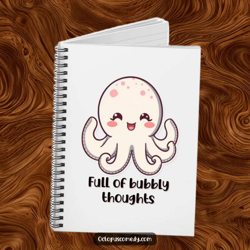 Funny Kawaii Octopus Notebook with a wide, delighted smile and sparkling eyes, designed for jotting down notes with cheerful, cute inspiration.
