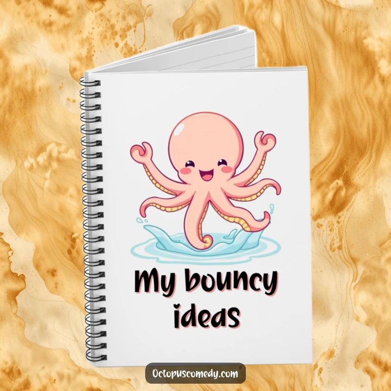Funny bouncy octopus leaping joyfully out of the water on the cover of a lined notebook.