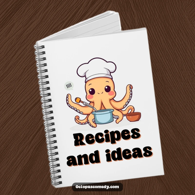 Funny notebook with an octopus chef wearing a hat and cooking with multiple arms, ideal for recipes and kitchen notes as a funny gift.