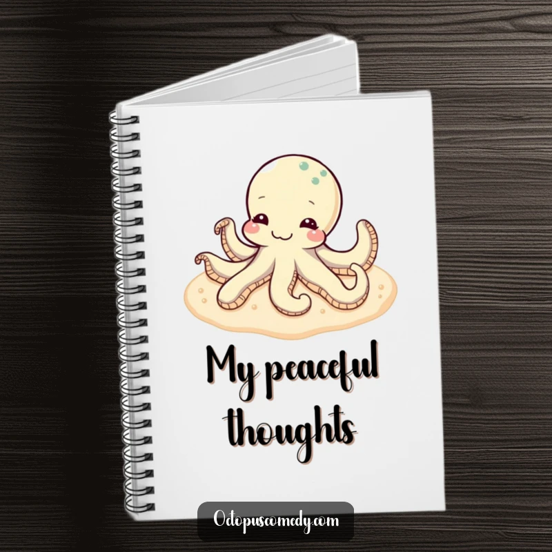 Funny content octopus relaxing on a soft, sandy seabed on the cover of a lined notebook.