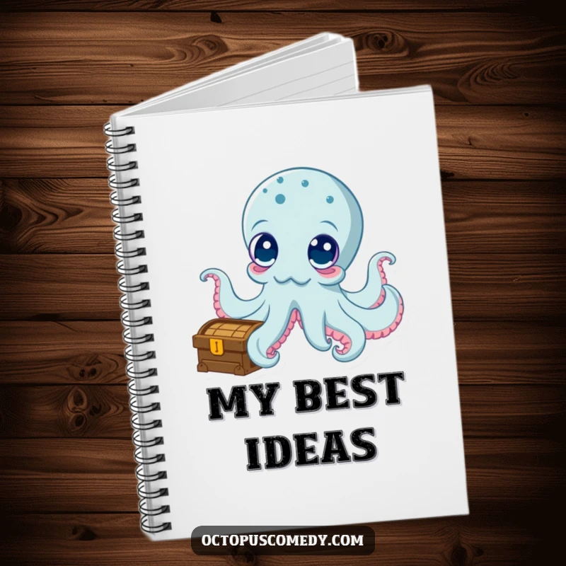 Funny notebook featuring a curious octopus with wide eyes exploring a treasure chest, ideal for jotting down thoughts and discoveries.