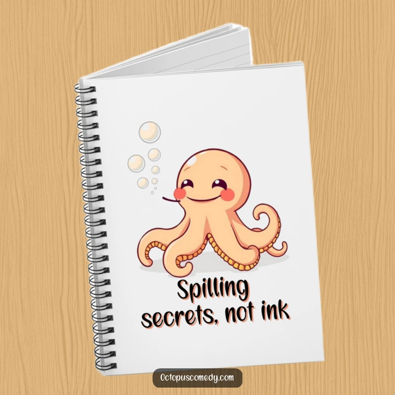 Funny notebook with a grinning octopus blowing ink bubbles, ideal for writing notes with a touch of whimsical humor.