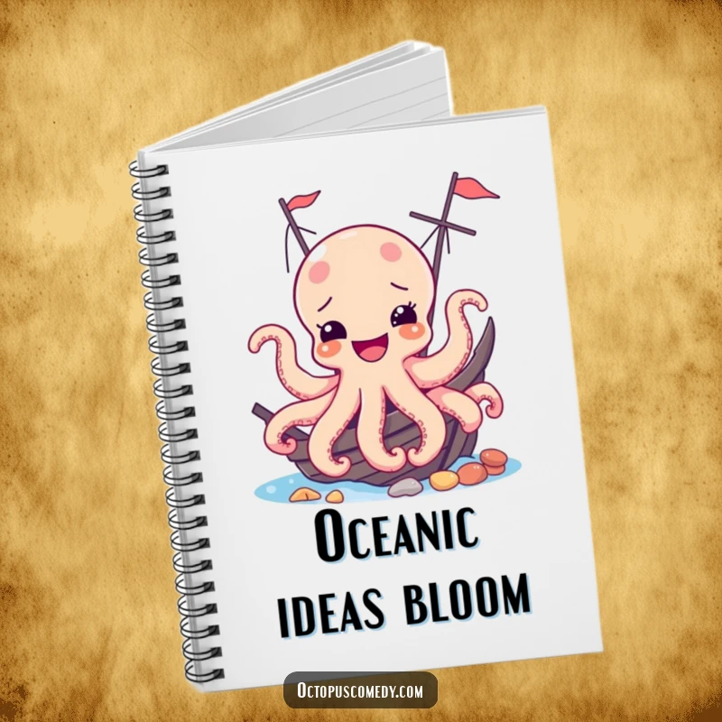 Funny notebook with a joyful octopus peeking from a shipwreck, designed for capturing notes with a humorous ocean theme.