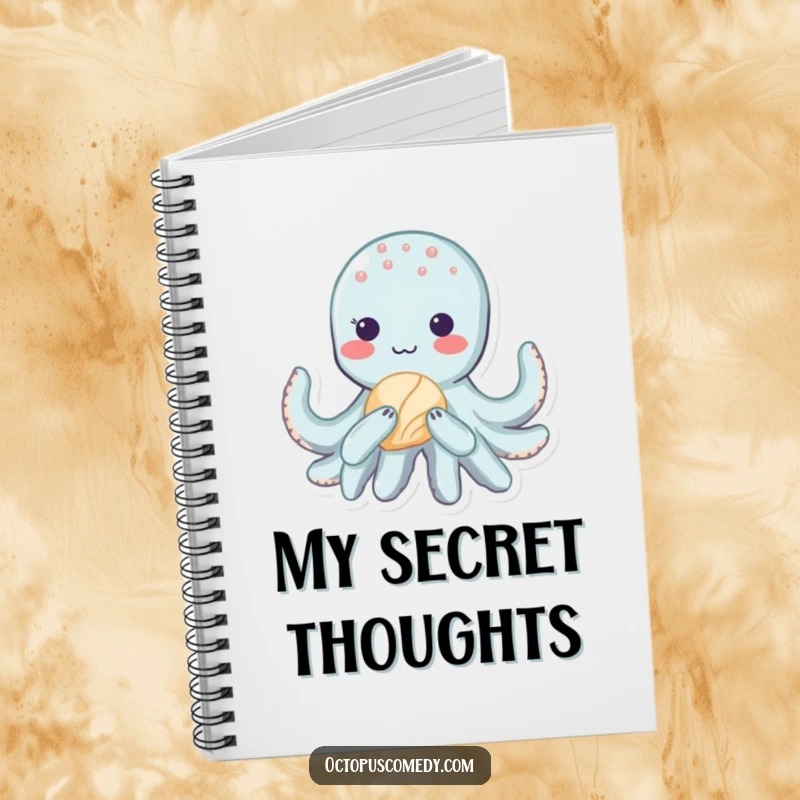 Funny kawaii octopus with a shy blush and seashell on a notebook cover, ideal for jotting down notes.