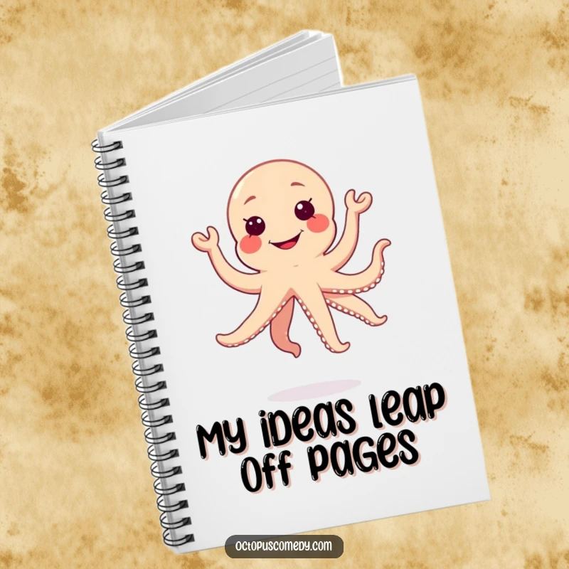 Funny jumping kawaii octopus with a silly grin on a notebook cover, great for journaling gift.