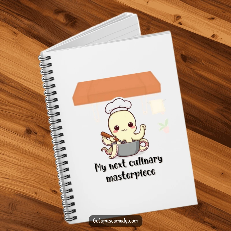 Funny Octopus Chef Notebook, illustrated with an octopus chef stirring a pot, ideal for recording recipes and ideas humorously.