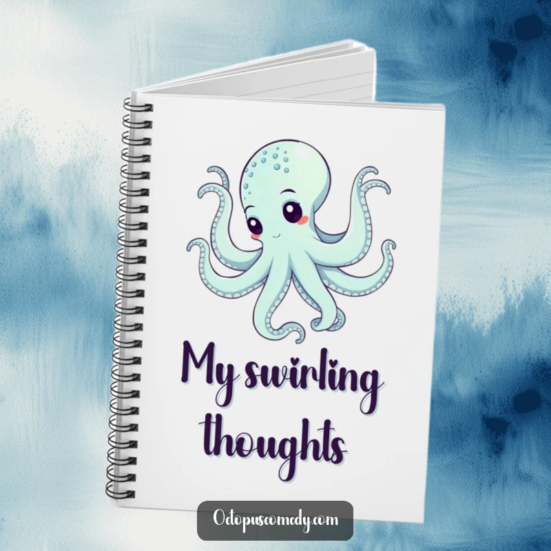 Funny octopus performing a swirling underwater dance on the cover of a lined notebook.