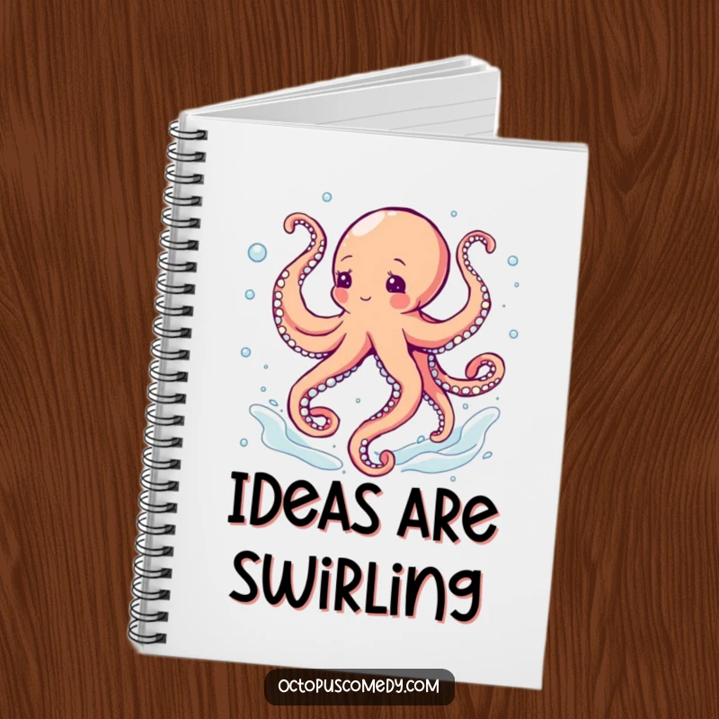 Funny octopus dancing with swirling tentacles and bubbles, a humorous notebook for creative ideas.