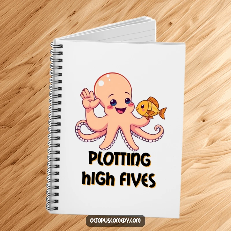 Funny octopus reaching for a high-five with a fish, a humorous notebook for capturing ideas.