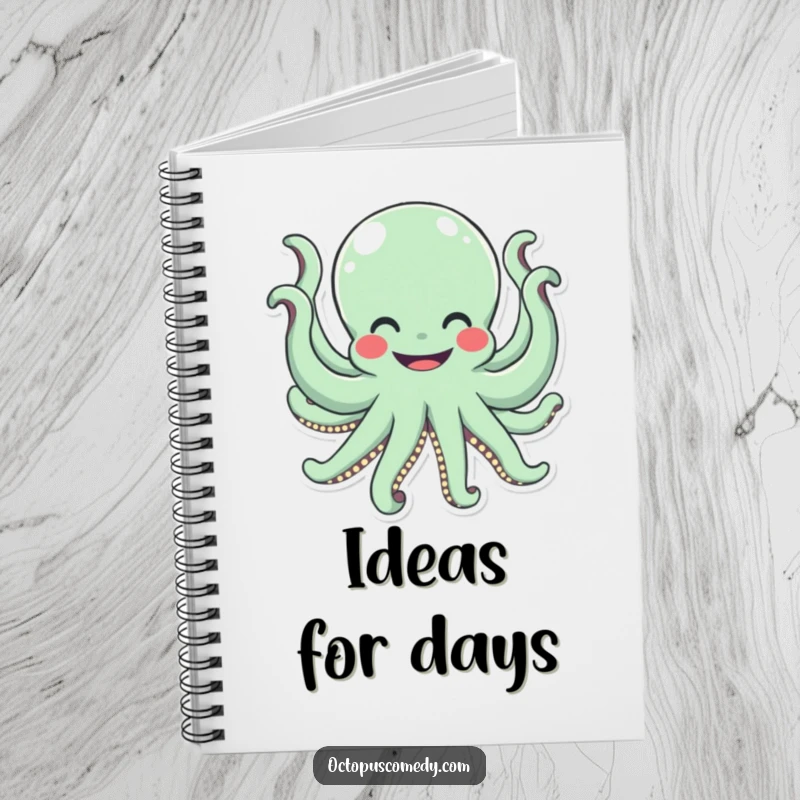 Funny octopus with a wide smile waving all eight arms, a humorous notebook for writing.