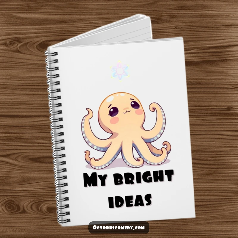 Funny octopus looking up with wonder at a bioluminescent bloom on a notebook, great for jotting deep sea ideas.