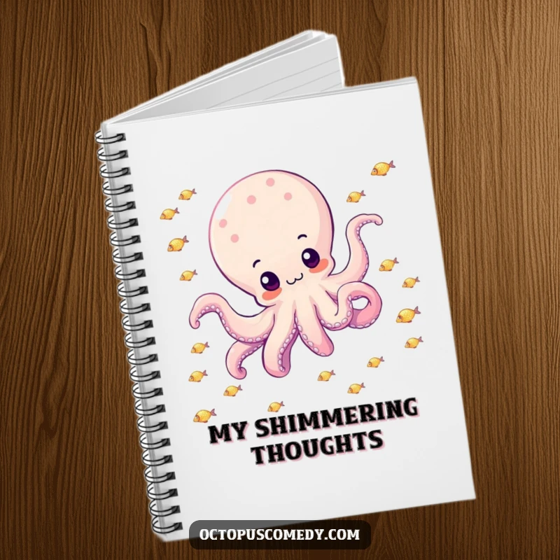 Funny octopus happily drifting through a school of small, sparkly fish on a notebook, great for jotting ocean ideas.