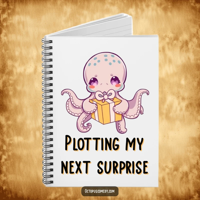 Funny Octopus Notebook: A notebook with a funny octopus design, actively unwrapping a small, colorful gift box.