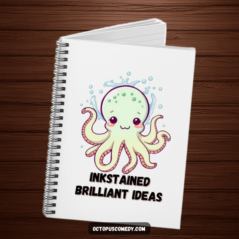Funny notebook featuring a playful octopus splashing water, ideal for writing notes with a humorous and artistic touch.