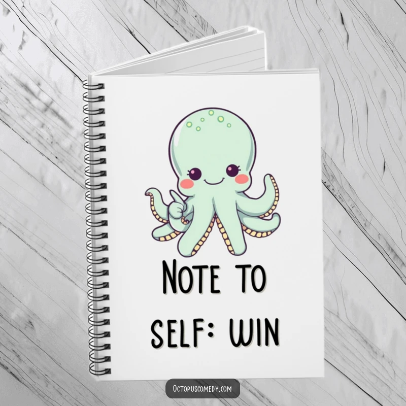 Funny octopus with wide eyes pointing to a pearl, a blank notebook for writing down shining thoughts.