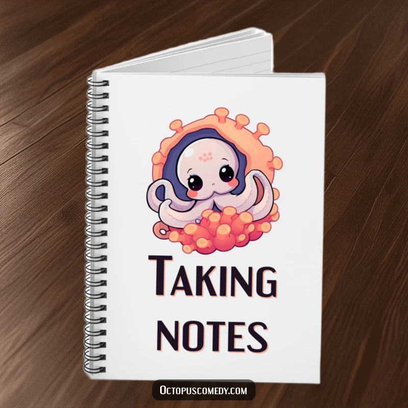 Funny octopus peeking from behind a vibrant anemone, a humorous notebook for creative thoughts.