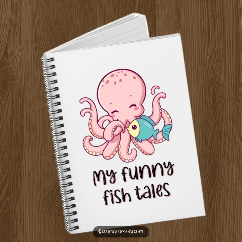 Funny octopus playfully tickling a little fish with a tentacle, featured on the cover of this charming notebook.
