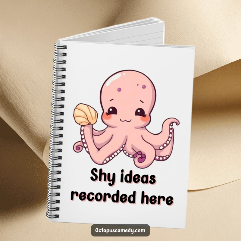 Funny notebook with a shy octopus offering a seashell, perfect for journaling, note-taking, and as a cute, funny gift for stationery lovers.