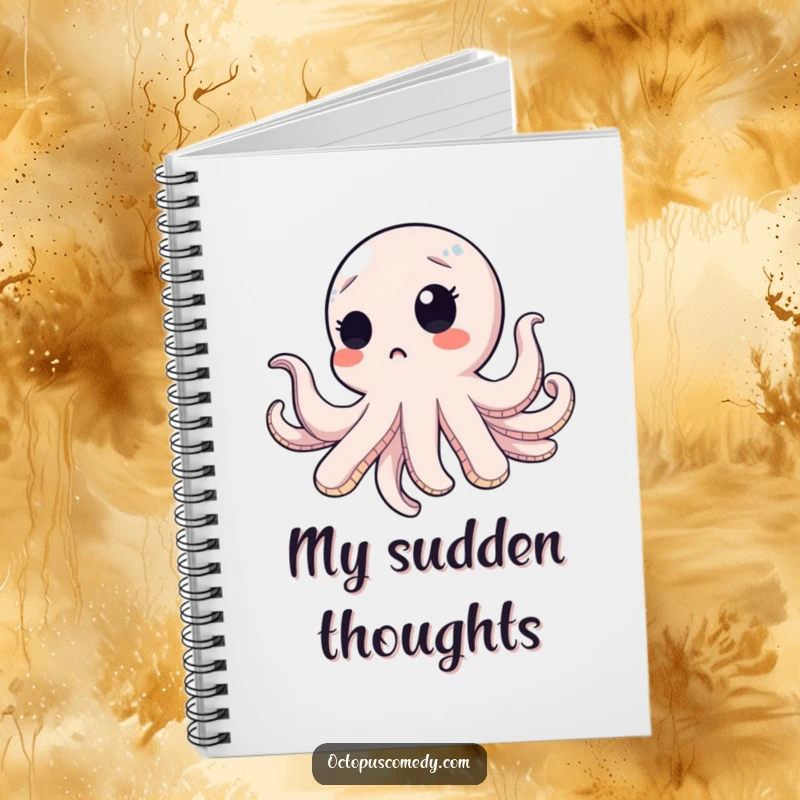 Funny octopus with a surprised blink, floating upwards on a notebook cover, perfect for jotting down surprising thoughts.