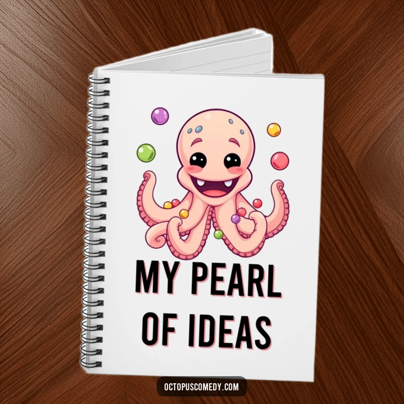 Funny notebook cover with a grinning octopus juggling colorful pearls, ideal for jotting down creative thoughts and notes.