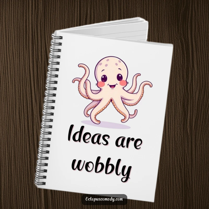 Funny notebook with a dancing octopus performing a silly jig with wobbly tentacles, ideal for jotting down ideas with humor.