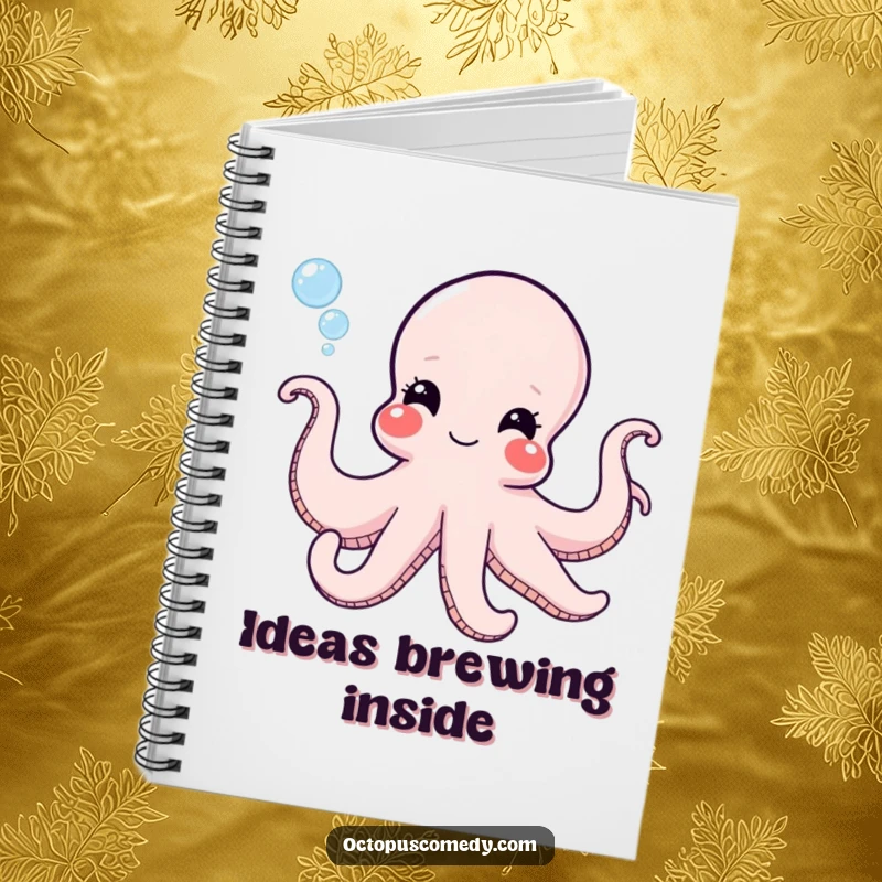 Funny octopus with a mischievous grin blowing bubbles, a blank notebook for jotting down funny stories and notes.