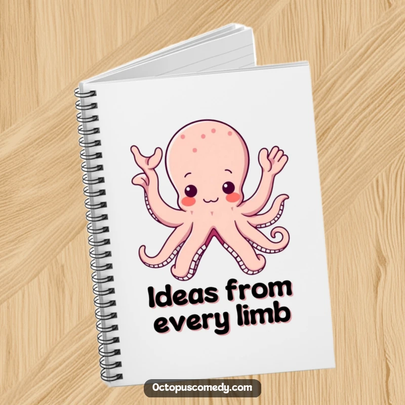 Funny notebook cover with a kawaii octopus and multiple arms waving joyfully, perfect for jotting down cute ideas.