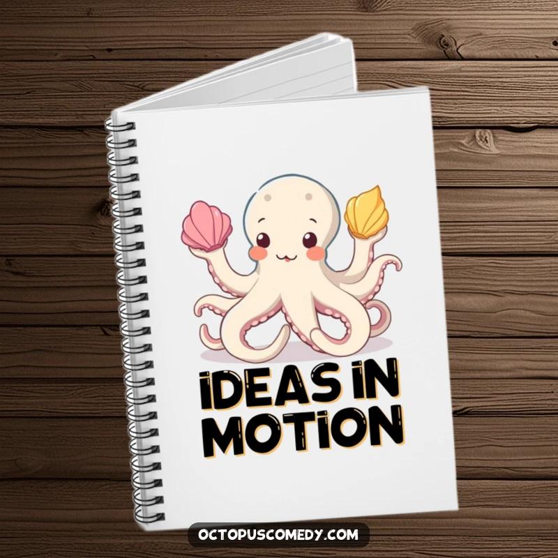 Funny octopus notebook with a playful illustration of an octopus juggling seashells, encouraging creative writing and organization.