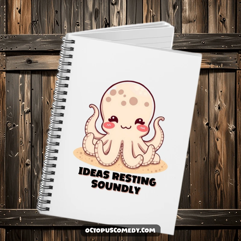 Funny notebook with a satisfied octopus resting on a sandy bottom, ideal for writing notes with a touch of calm humor.