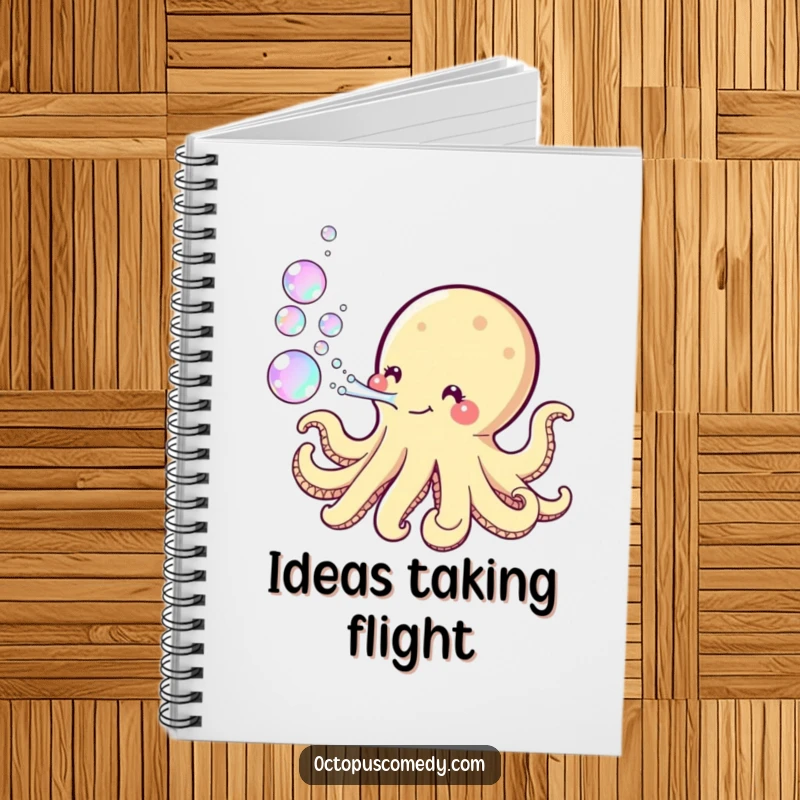 Funny Kawaii Octopus Notebook featuring a playful octopus blowing iridescent bubbles, perfect for jotting down ideas with a touch of magic.