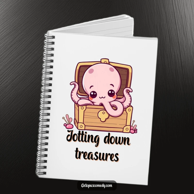 Funny notebook with a curious octopus peeking from a treasure chest, perfect for jotting down notes with a humorous flair.